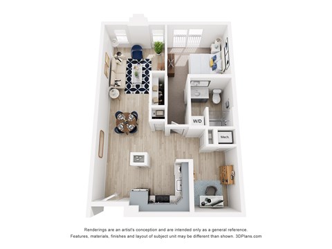A 3D floor plan of a small one bedroom apartment with a kitchen, living room, den and bathroom.